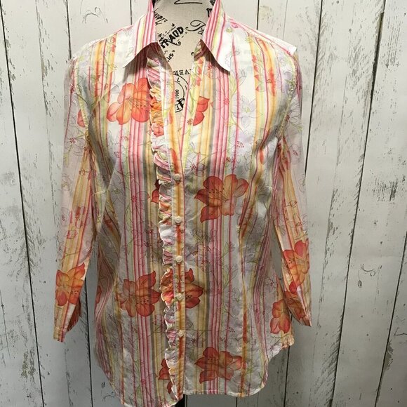 Talbots floral, striped blouse with ruffle button blouse with loose sleeves M - Picture 1 of 12
